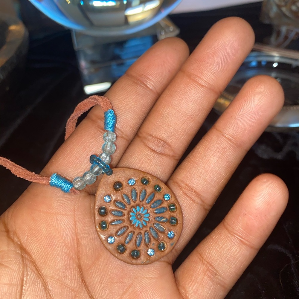 Leather Native Art Necklace w/ Red Clay Medallion